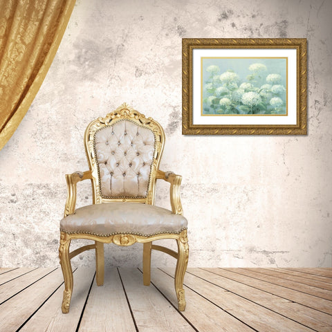 White Hydrangea Garden Sage Crop Gold Ornate Wood Framed Art Print with Double Matting by Nai, Danhui