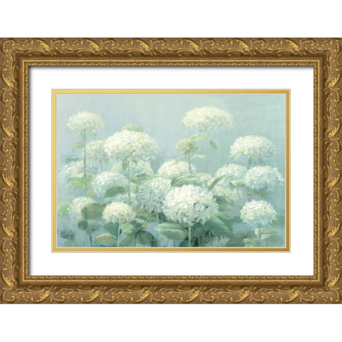 White Hydrangea Garden Sage Crop Gold Ornate Wood Framed Art Print with Double Matting by Nai, Danhui