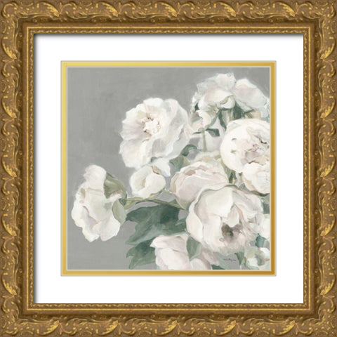 Peonies on Gray Gold Ornate Wood Framed Art Print with Double Matting by Hageman, Marilyn