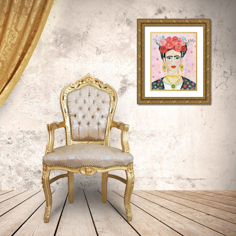 Homage to Frida Gold Ornate Wood Framed Art Print with Double Matting by Zaman, Farida