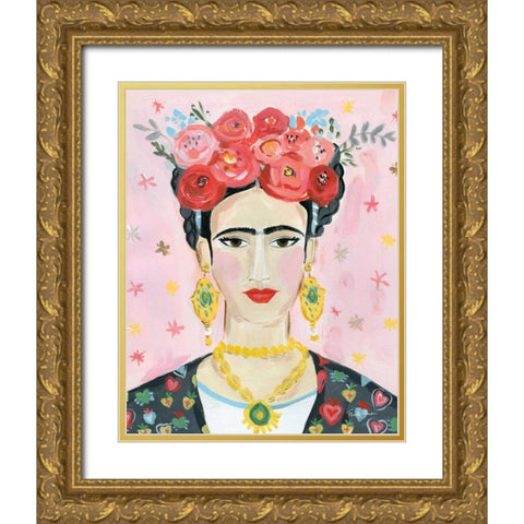 Homage to Frida Gold Ornate Wood Framed Art Print with Double Matting by Zaman, Farida