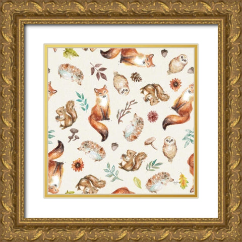 Autumn Friends Pattern IVA Gold Ornate Wood Framed Art Print with Double Matting by Urban, Mary