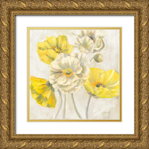 Gold and White Contemporary Poppies Neutral Gold Ornate Wood Framed Art Print with Double Matting by Rowan, Carol