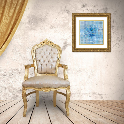 Abstract Squares Blue Gold Ornate Wood Framed Art Print with Double Matting by Nai, Danhui