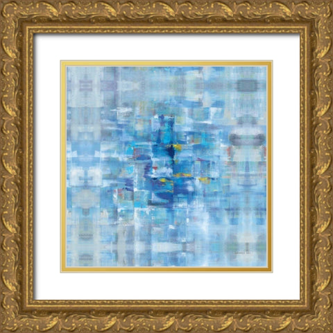 Abstract Squares Blue Gold Ornate Wood Framed Art Print with Double Matting by Nai, Danhui