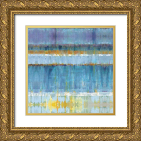 Abstract Stripes Blue Gold Ornate Wood Framed Art Print with Double Matting by Nai, Danhui