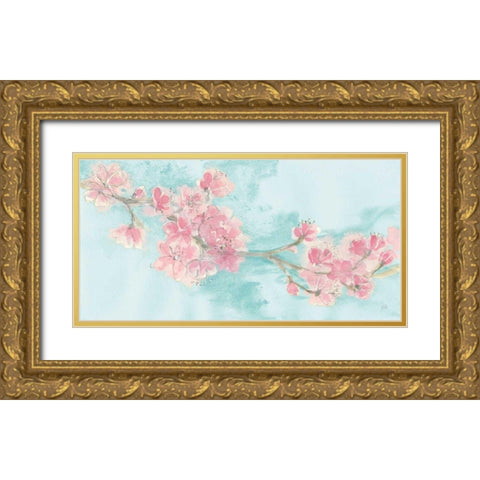 Cherry Blossom II Teal Gold Ornate Wood Framed Art Print with Double Matting by Paschke, Chris