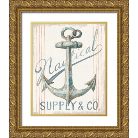 Floursack Nautical V Gold Ornate Wood Framed Art Print with Double Matting by Nai, Danhui