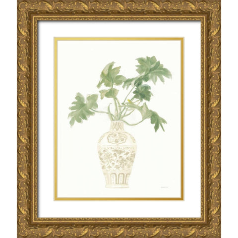 Palm Chinoiserie III Sage Gold Ornate Wood Framed Art Print with Double Matting by Nai, Danhui