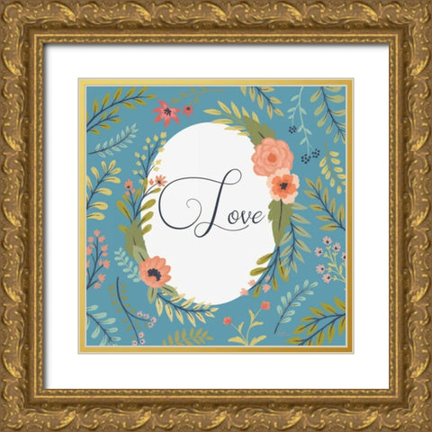 Retro Garden II Blue Love Gold Ornate Wood Framed Art Print with Double Matting by Penner, Janelle