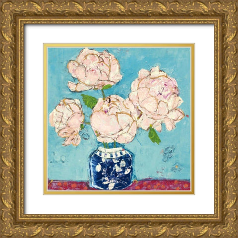 Vase of Peonies Aqua Coral Gold Ornate Wood Framed Art Print with Double Matting by Day, Kellie
