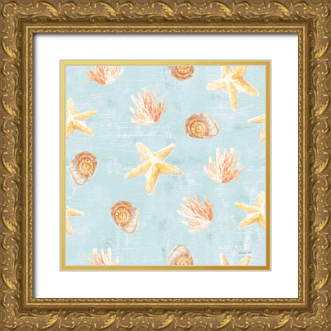 Beach Cottage Floral Pattern IIA Gold Ornate Wood Framed Art Print with Double Matting by Nai, Danhui