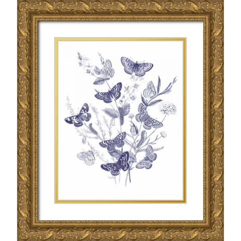 Butterfly Bouquet I Blue Gold Ornate Wood Framed Art Print with Double Matting by Wild Apple Portfolio