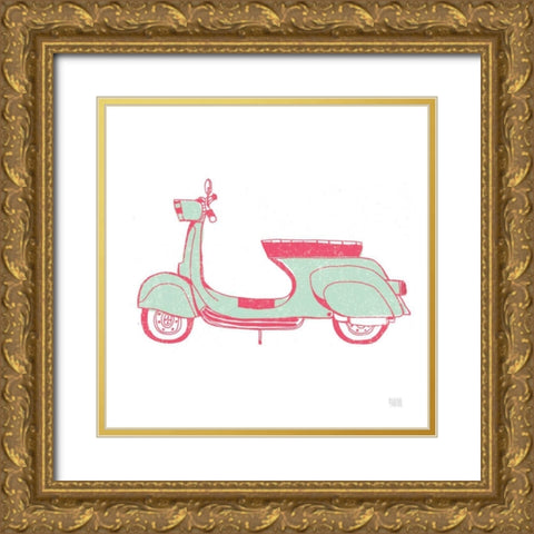 Road Trip Vespa Pink Green Gold Ornate Wood Framed Art Print with Double Matting by Towne, Oliver