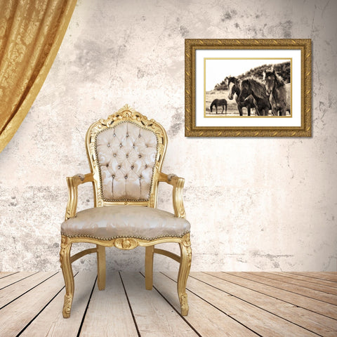 Horses Three Sepia Gold Ornate Wood Framed Art Print with Double Matting by Aledanda