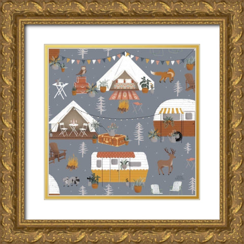 Gone Glamping Pattern IC Gold Ornate Wood Framed Art Print with Double Matting by Marshall, Laura