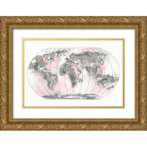 World Map Blush v2 Gold Ornate Wood Framed Art Print with Double Matting by Paschke, Chris