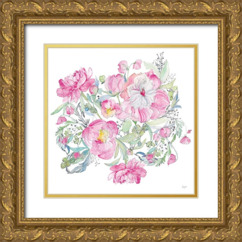 Pink Peonies Gold Ornate Wood Framed Art Print with Double Matting by Rice, Kristy