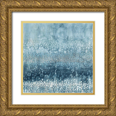 Rain Abstract III Blue Silver Gold Ornate Wood Framed Art Print with Double Matting by Nai, Danhui