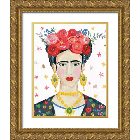 Homage to Frida Bright Gold Ornate Wood Framed Art Print with Double Matting by Zaman, Farida