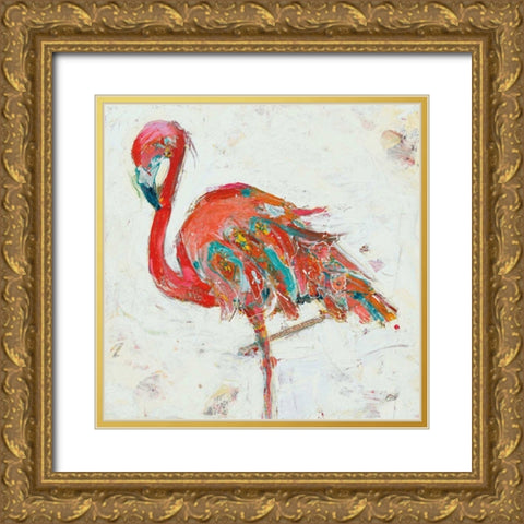 Flamingo on White Gold Ornate Wood Framed Art Print with Double Matting by Day, Kellie