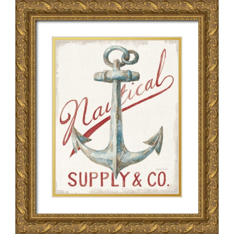 Floursack Nautical V Red Gold Ornate Wood Framed Art Print with Double Matting by Nai, Danhui