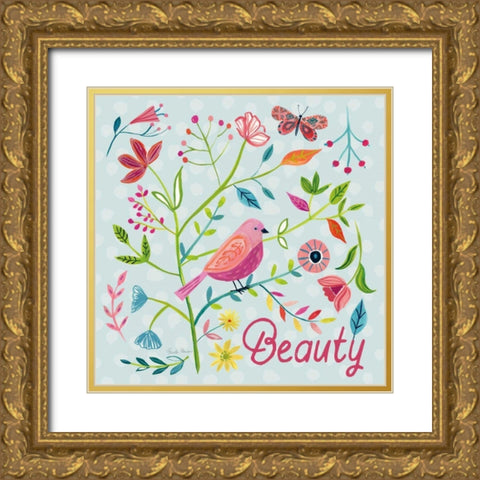 Budding Beauty III Light Blue Gold Ornate Wood Framed Art Print with Double Matting by Zaman, Farida