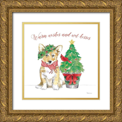 Holiday Paws V on White Gold Ornate Wood Framed Art Print with Double Matting by Grove, Beth