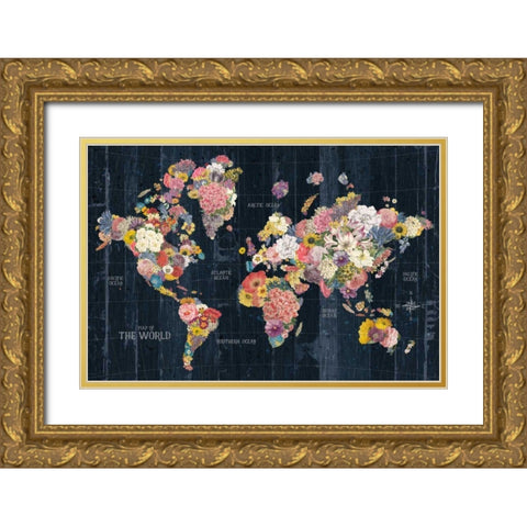 Botanical Floral Map Words Gold Ornate Wood Framed Art Print with Double Matting by Wild Apple Portfolio