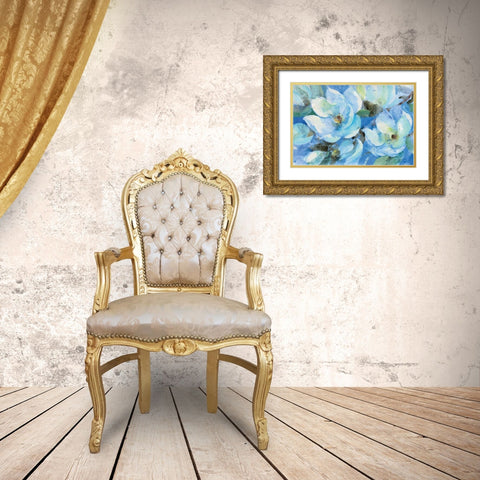 Blue Magnolias Gold Ornate Wood Framed Art Print with Double Matting by Hristova, Albena