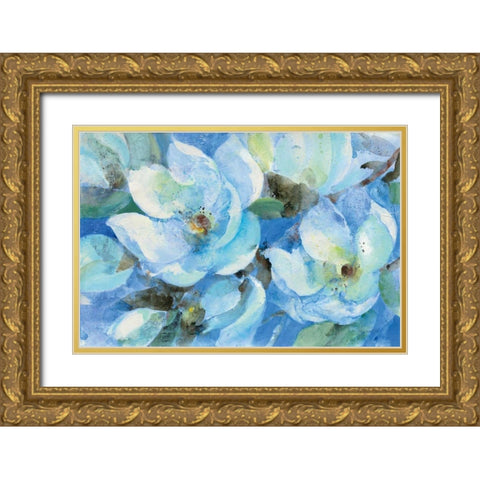 Blue Magnolias Gold Ornate Wood Framed Art Print with Double Matting by Hristova, Albena
