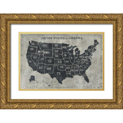 Grunge USA Map Gold Ornate Wood Framed Art Print with Double Matting by Wiens, James