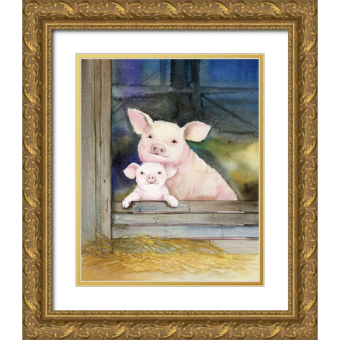 Farm Family Pigs Gold Ornate Wood Framed Art Print with Double Matting by McKenna, Kathleen Parr