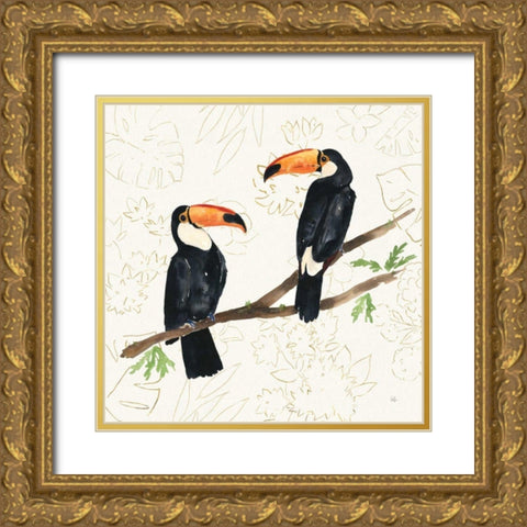 Tropical Fun Bird I Flower Background Gold Ornate Wood Framed Art Print with Double Matting by Sussman, Harriet