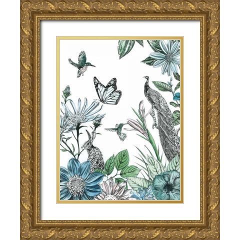 Peacock and Flowers Gold Ornate Wood Framed Art Print with Double Matting by Ilangaratne, Amelia