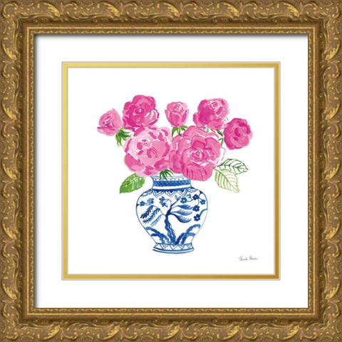 Chinoiserie Roses on White I Gold Ornate Wood Framed Art Print with Double Matting by Zaman, Farida