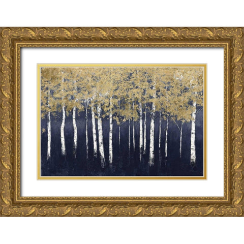 Shimmering Forest Indigo Gold Ornate Wood Framed Art Print with Double Matting by Wiens, James