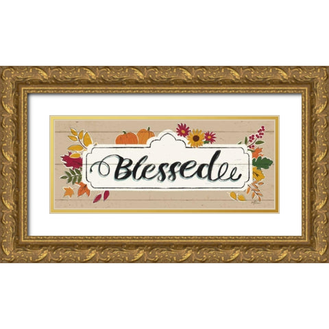 Thankful V Harvest Gold Ornate Wood Framed Art Print with Double Matting by Penner, Janelle