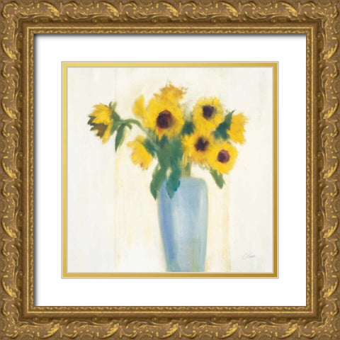 Sunflowers in Blue Gold Ornate Wood Framed Art Print with Double Matting by Clark, Michael