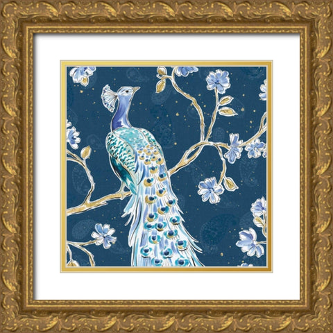 Peacock Allegory III Blue v2 Gold Ornate Wood Framed Art Print with Double Matting by Brissonnet, Daphne