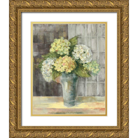 Yellow Hydrangea Gray Gold Ornate Wood Framed Art Print with Double Matting by Rowan, Carol