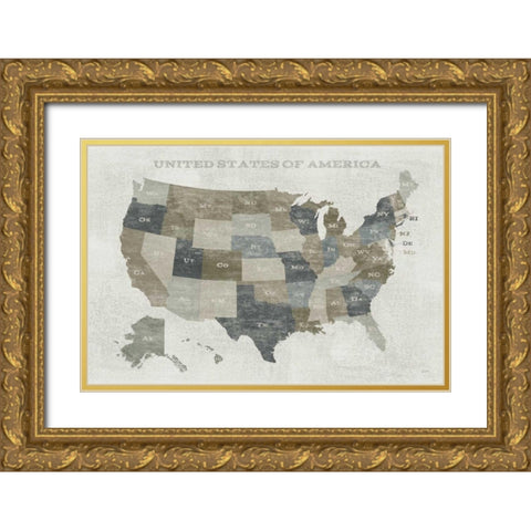 Slate US Map Gold Ornate Wood Framed Art Print with Double Matting by Schlabach, Sue