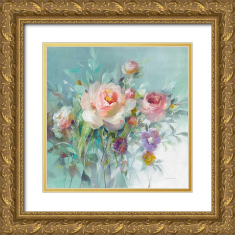 Summer Garden Roses Gold Ornate Wood Framed Art Print with Double Matting by Nai, Danhui