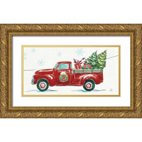 Christmas in the Country iv - Wreath Truck Crop Gold Ornate Wood Framed Art Print with Double Matting by Brissonnet, Daphne