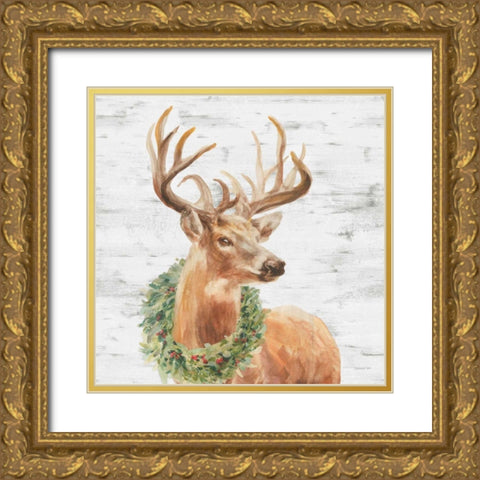 Woodland Holidays Stag Gray Gold Ornate Wood Framed Art Print with Double Matting by Nai, Danhui