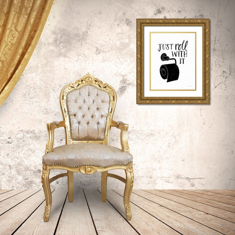 Bathroom Puns V Black Gold Ornate Wood Framed Art Print with Double Matting by Thorns, Becky