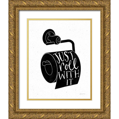Bathroom Puns VI Black Gold Ornate Wood Framed Art Print with Double Matting by Thorns, Becky