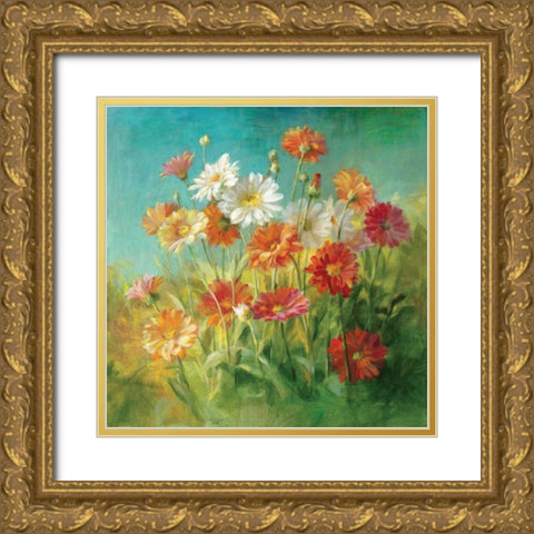 Painted Daisies Gold Ornate Wood Framed Art Print with Double Matting by Nai, Danhui