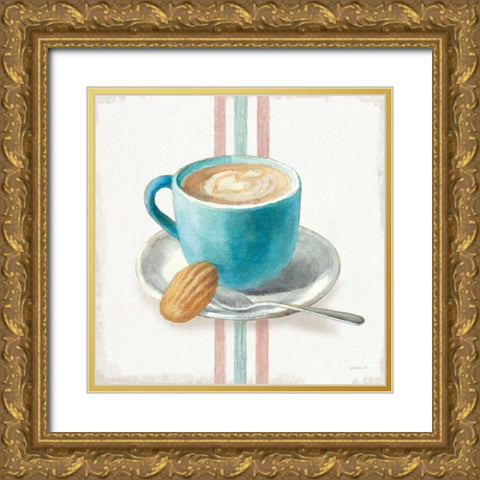 Wake Me Up Coffee I with Stripes Gold Ornate Wood Framed Art Print with Double Matting by Nai, Danhui