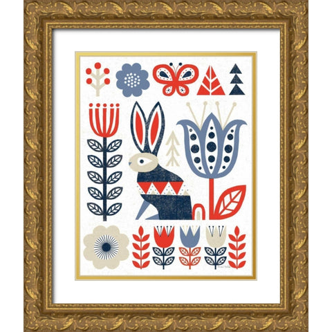 Folk Lodge Rabbit Red Navy Gold Ornate Wood Framed Art Print with Double Matting by Mullan, Michael